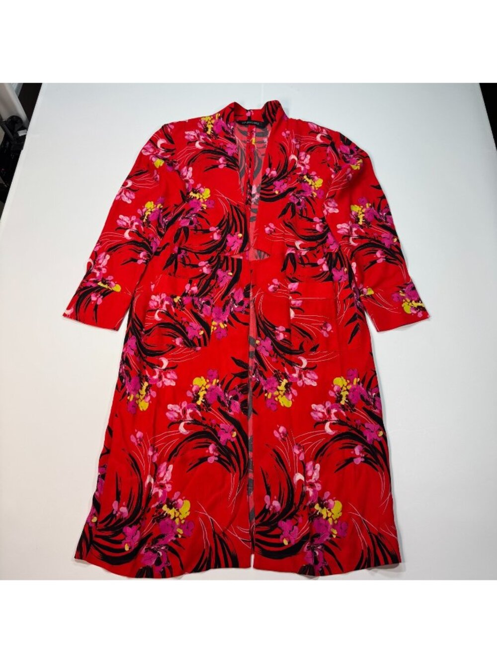 Colleen Lopez Blouse Top Women's XS Red Floral Rayon Kimono Notch Lapel Pockets
